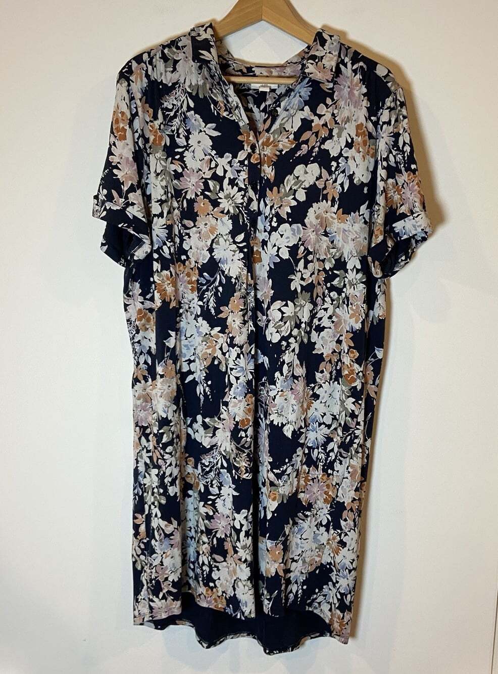 J.Jill Dress Stretch Short Sleeve Button Front Pockets Navy Pink Green Floral XL
